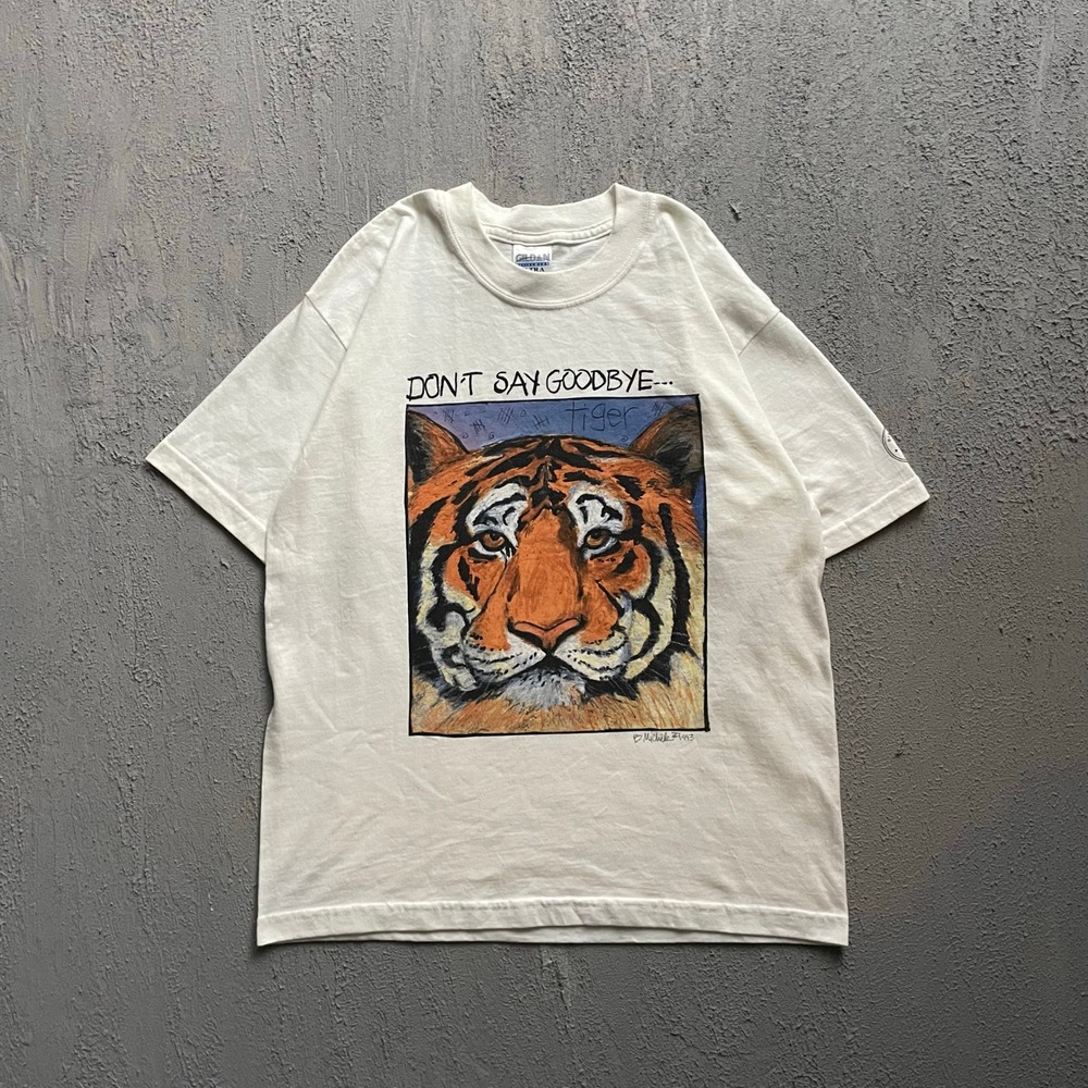 Vintage Gildan T Shirt Youth Large White 90s Tiger Graphic Don't Say Goodbye